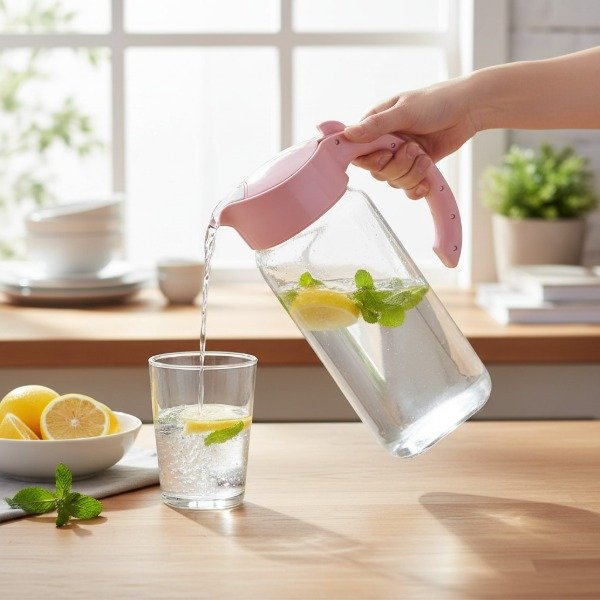 Producto - JARRA DE VIDRIO CON MANIJA PLASTICA Y PICO VERTEDOR 1.5LT 27CM - 0