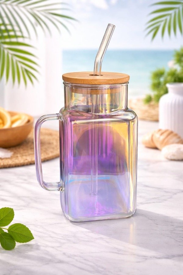 Producto - Taza Vaso de Vidrio con Sorbete y Tapa Bambú Tornasol 600ml