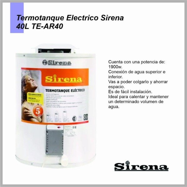 Producto - TERMOTANQUE SIRENA 40 LTS ELÉCTRICO DE COLGAR SUPERIOR/INFERIOR