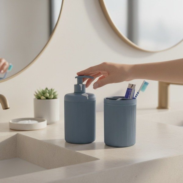 Producto - SET PARA BAÑO 2 PIEZAS PORTA CEPILLO Y DISPENSER PLASTICO