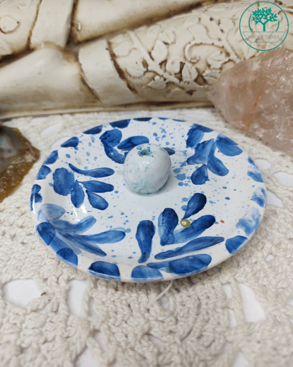 Producto - Porta sahumerios cerámica Hojas azules