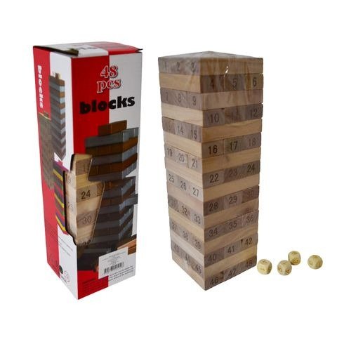 Producto - JENGA DE MADERA NUMERADO CON DADOS 48 PIEZAS 7.5X24CM EN CAJA