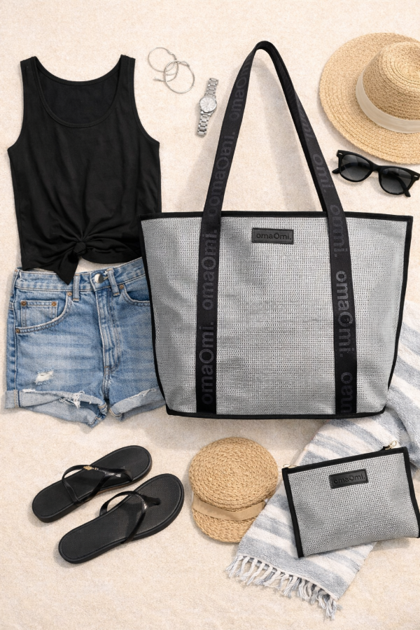 Producto - Combo Bolso Tote PVC Summer Flower Gris + Pouch