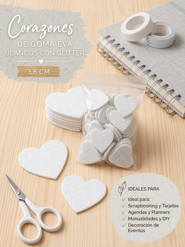 Producto - Corazones Goma Eva BLANCO GLITTER 3,6cm