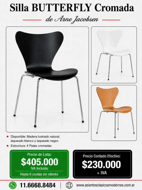 Producto - Silla JACOBSEN BUTTERFLY, Laqueado Negro, Patas Cromadas!!