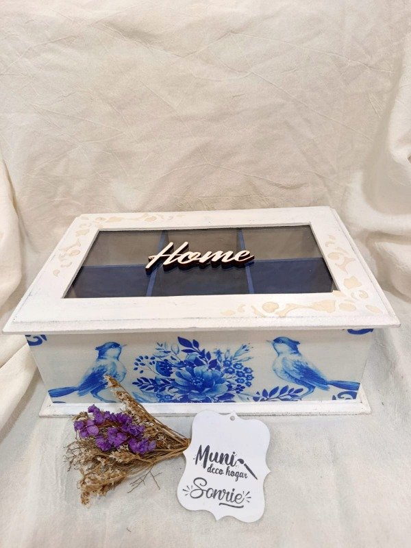 Producto - Caja de te - 6 divisiones flor azul
