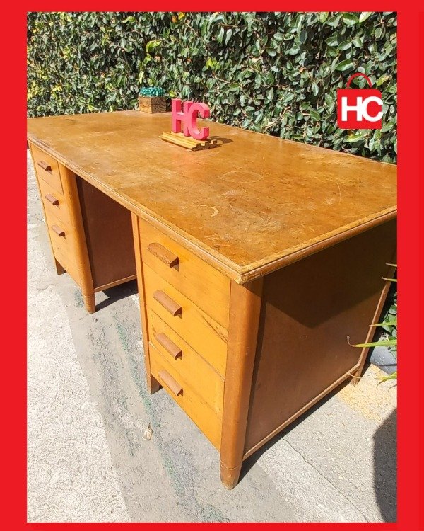 Producto - Gran escritorio de oficina vintage en madera con doble cajonera - 3