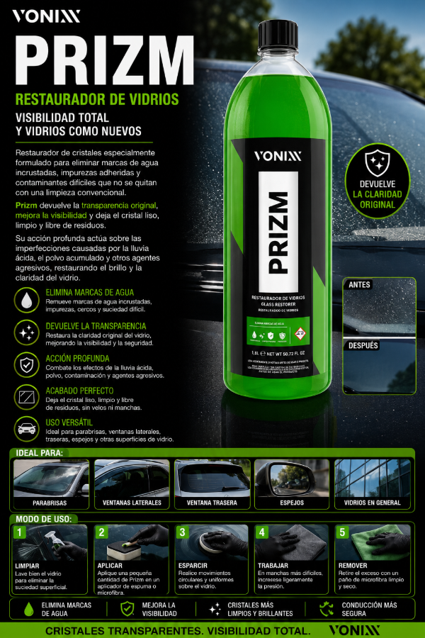 Producto - Vonixx Prizm 1.5L Restaurador de Vidrios Profesional Removedor de Marcas de Agua