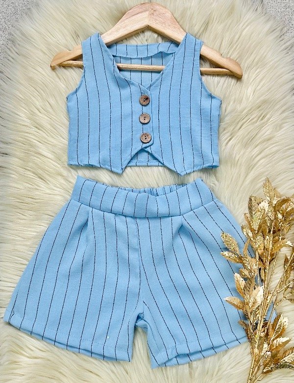 Producto - CONJUNTO SASTRERO RAYADO CELESTE (CHALECO + SHORT)