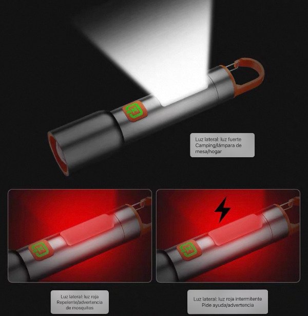 Producto - Linterna Mano Aluminio Recargable USB Tipo C 3 Colores de Led y Clip para colgar - 3