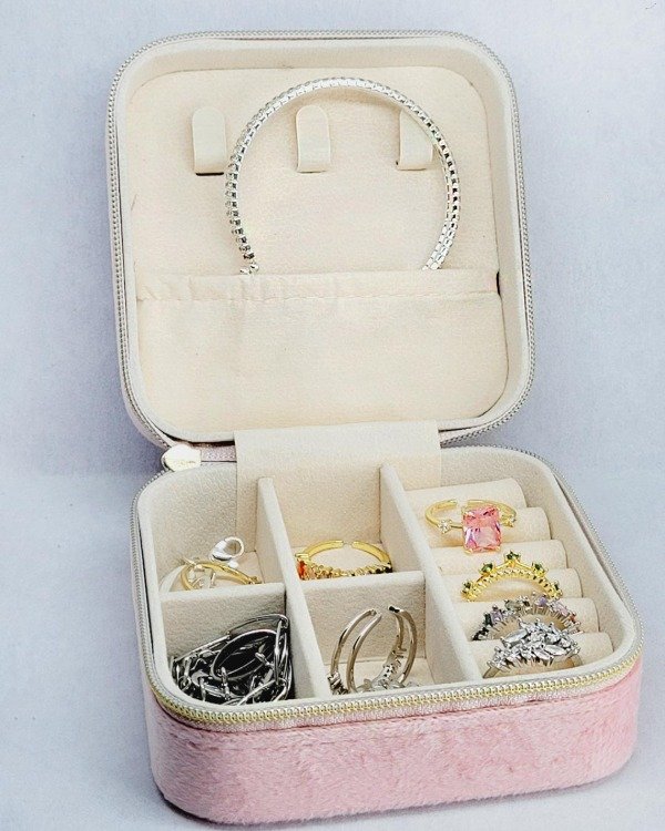 Producto - BI 663 - Alhajero - Joyero aterciopelado Rosa Pastel con cierre dorado - 1