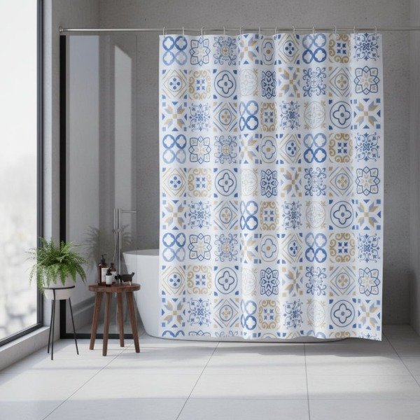 Producto - CORTINA DE BAÑO SIMPLE PESADA TOP QUALITY "FLOR DE LOTTO AZUL"