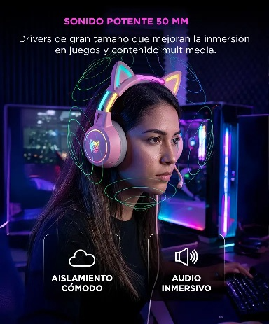 Producto - Auricular c/microfono -driver 50mm -acolchados -gamer -3.5mm + usb -diseño gato - 2