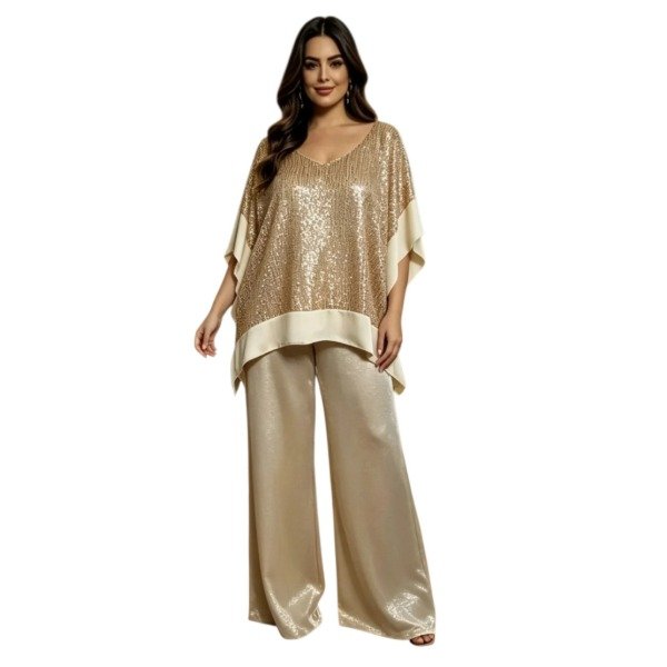 Producto - Conjunto 2 Piezas de Remera bordada y Wide leg beige. Talle 50/54