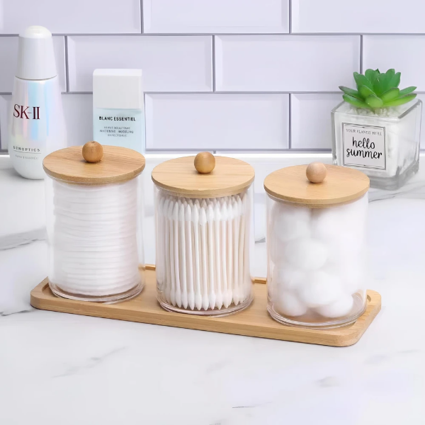 Producto - Set x 3U. Frascos de plástico con tapa y base de madera de bambú