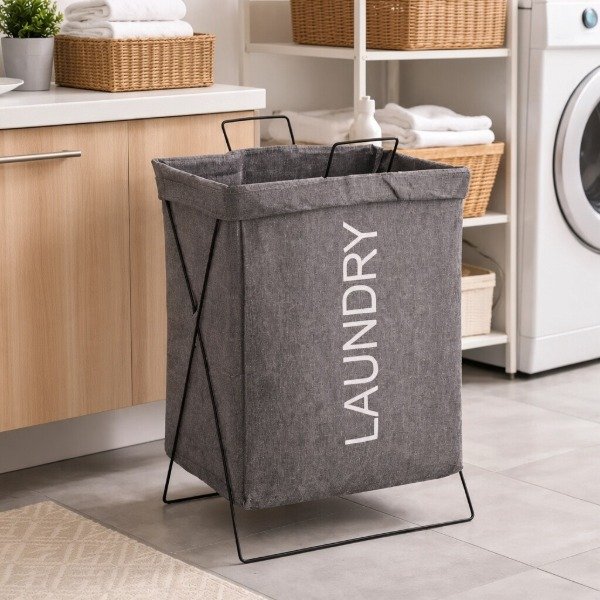 Producto - CANASTO PARA ROPA GRIS CON MANIJA METALIZADA NEGRA LAUNDRY EN BLANCO