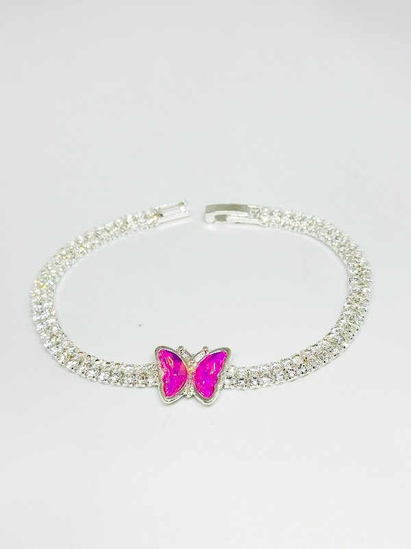 Producto - Pulsera de acero blanco strass con mariposa cristal fucsia