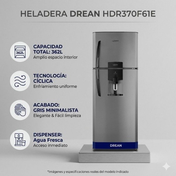 Producto - HELADERA DREAN HDR370F61E 362 LTS CÍCLICA GRIS CON DISPENSER