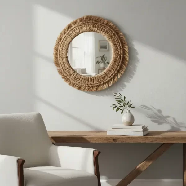 Producto - Espejo de Yute en Macramé Amelie 25 cm totales (espejo solo 20 cm)