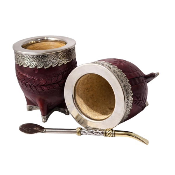 Producto - Mate imperial premium Calabaza/Cuero repujado borravino/Base de alpaca ancha