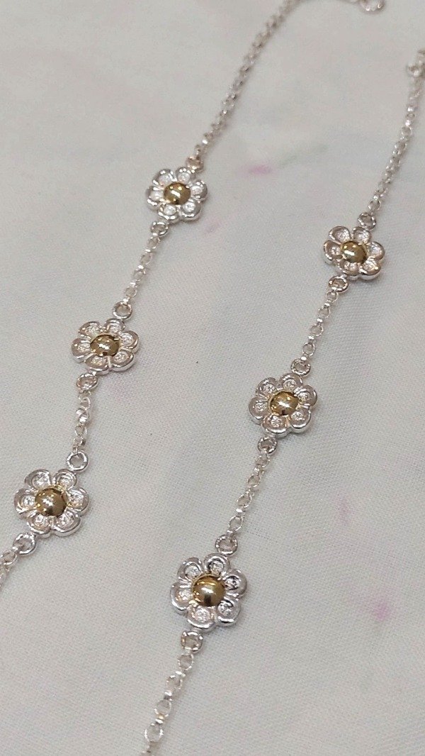 Producto - Pulsera de Plata 925 con apliques de oro flor de 6 petalos