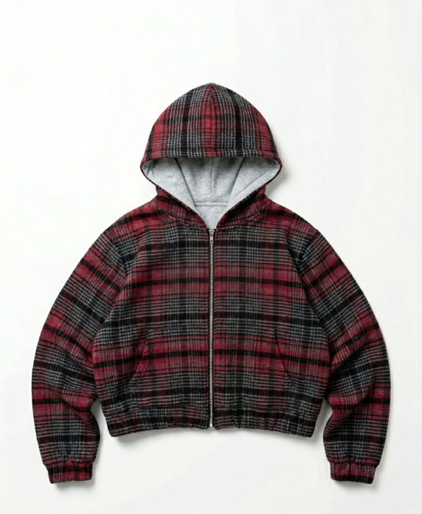 Producto - ZIP HODDIE REVERSIBLE CUADRILLE GRIS/ROJO