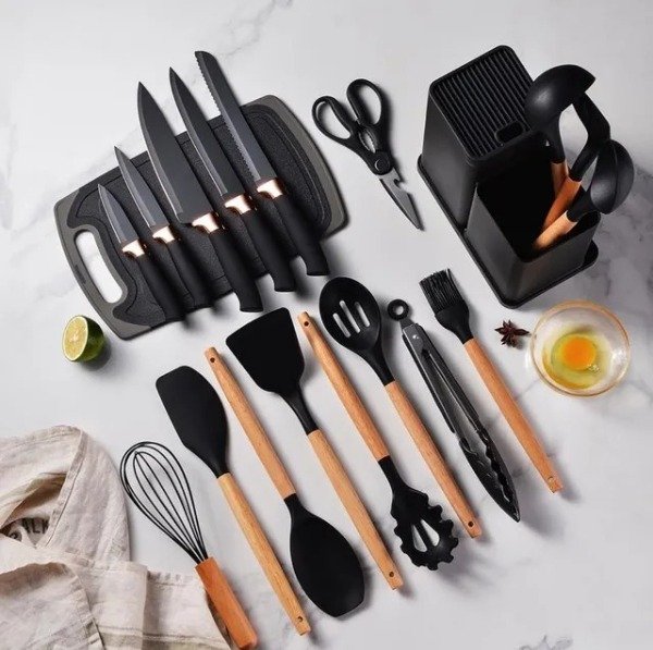 Producto - Set Utensilios De Silicona X 19 Piezas Mango Madera Negro