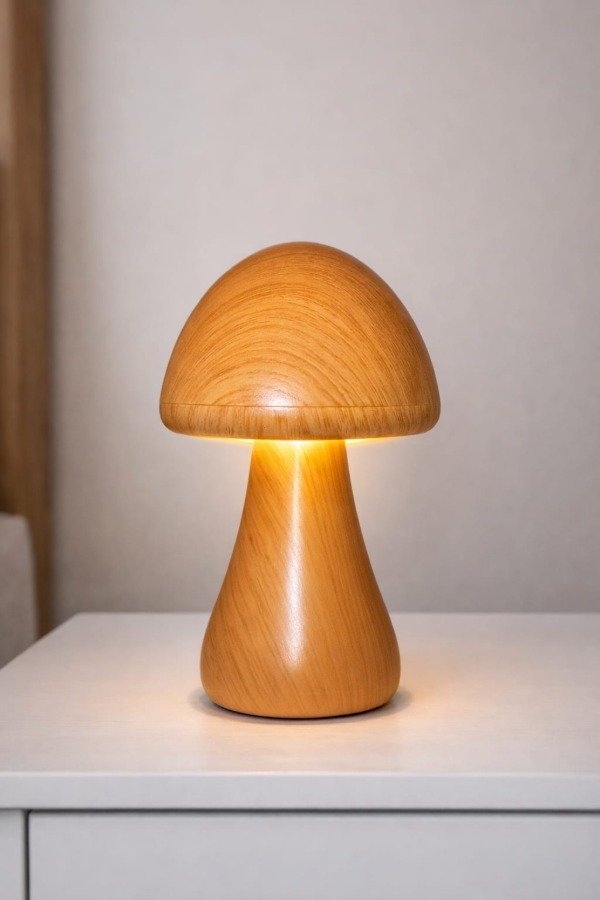 Producto - Lámpara de Mesa LED Diseño Hongo Símil Madera
