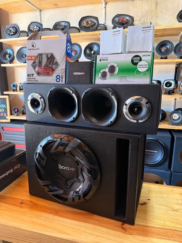 Producto - COMBO SUB 12" BOMBER 250RMS + RACK DR Y TW + POTE 400.4 + CABLES + CAJON