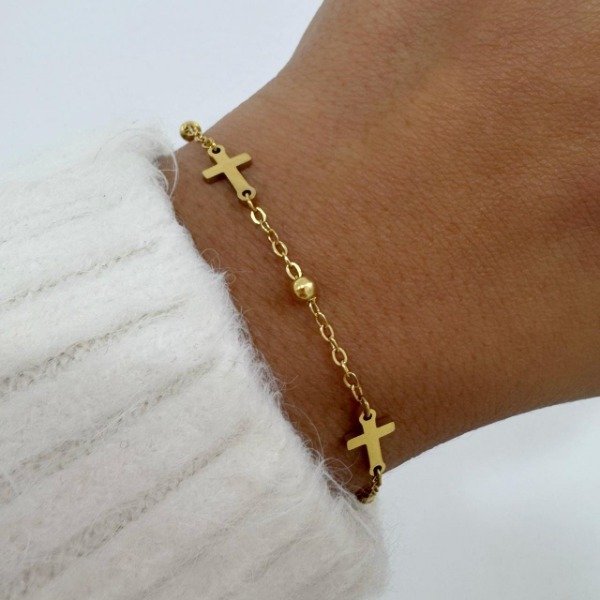 Producto - PULSERA DORADA ESPEJITO CON ESFERAS Y CRUCES LISAS