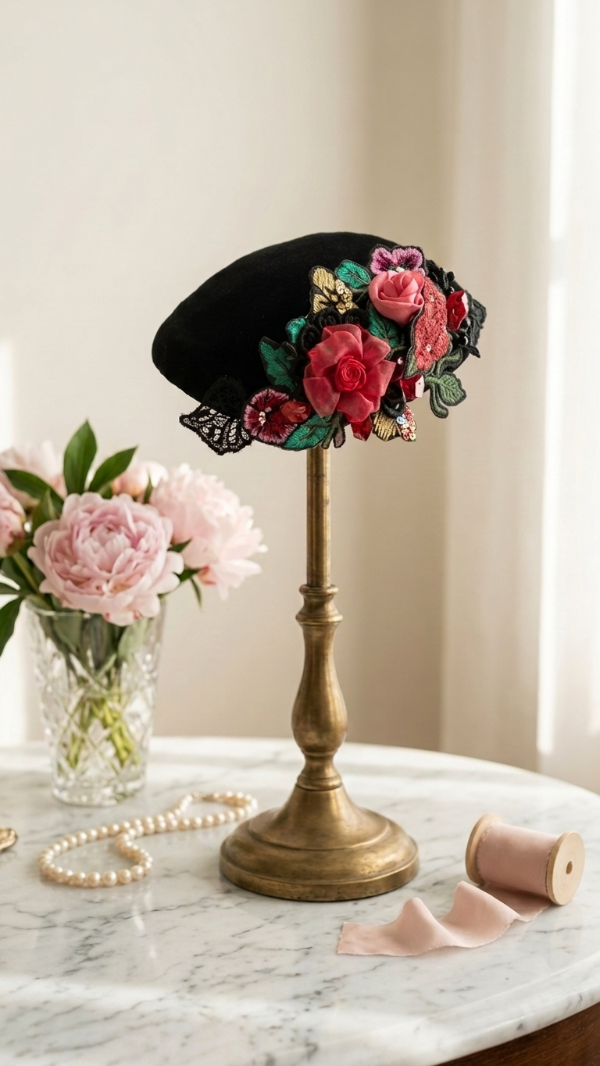 Producto - Fascinator terciopelo negro con flores bordadas y pedreria - 0