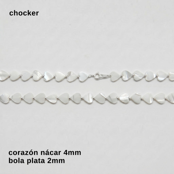 Producto - CHO #FP - Chocker corazón nácar y bola de plata 2mm (DOLAR)