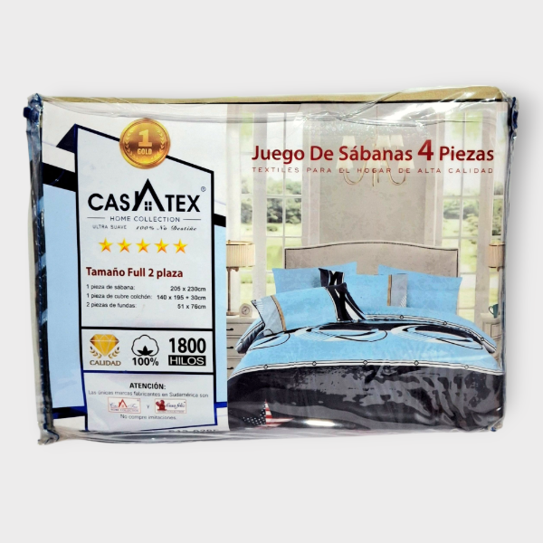 Producto - Juego de Sábanas 2 1/2 plazas Casatex 1800 hilos Azul y celeste con circulos