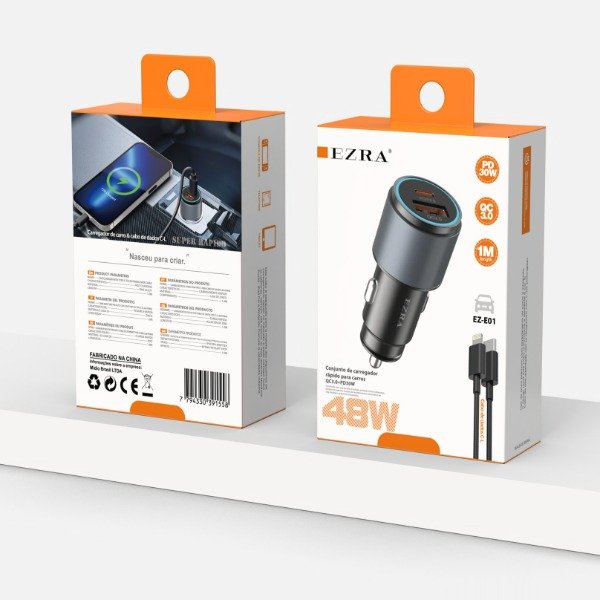 Producto - Adaptador Metalizado de Auto + Cable TPC-IOS - USB-TPC  48W PD30-QC3.0 EZ-E01.