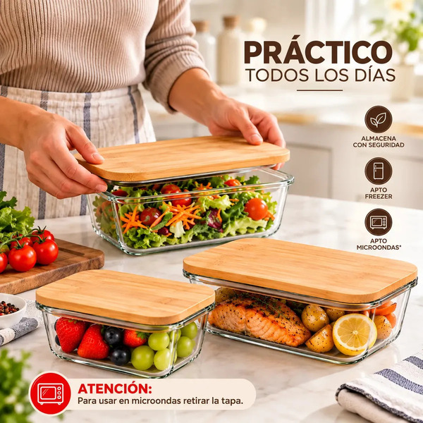 Producto - Set X3 recipientes hermetico -vidrio -tapa de bambu -apto microondas/horno/freez - 7