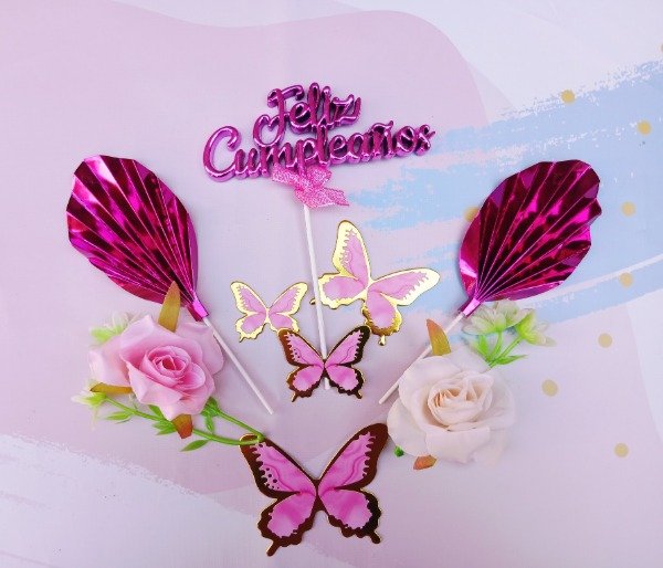 Producto - Set feliz cumple + hojas de palma rosa fuccia