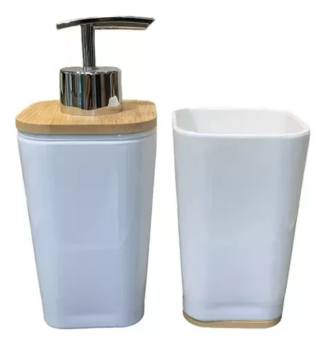 Producto - Kit De Baño Dispenser De Jabón + Vaso Plástico Y Bambú