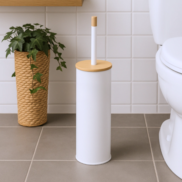 Producto - Escobilla de baño blanca con tapa de bambu