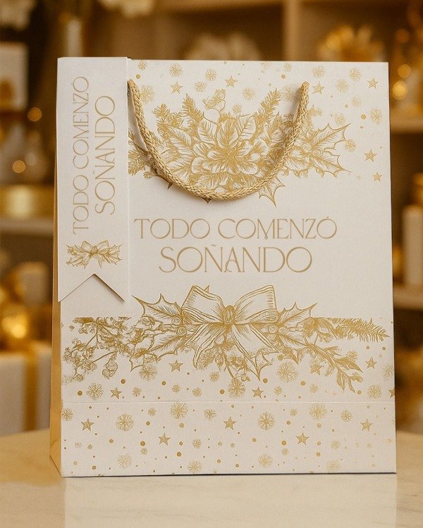 Producto - Bolsa de regalo premium blanca y dorada + Tag  señalador 25x14x33 Crema