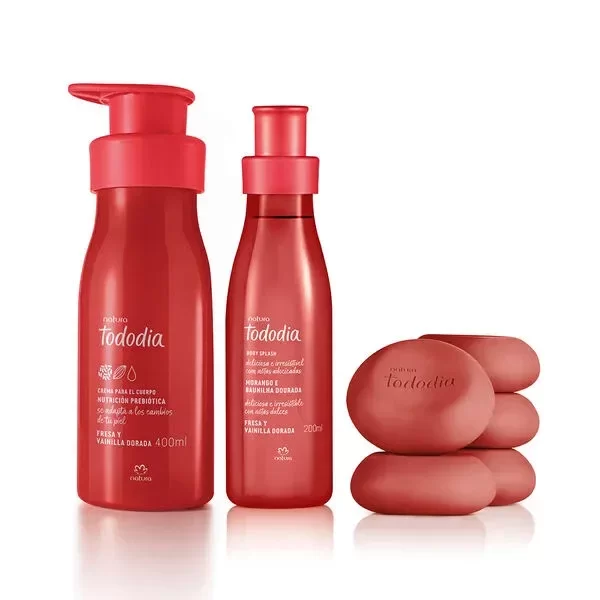 Producto - Frutilla y Vainilla Dorada: body splash 200ml + crema corporal 400ml + jabones
