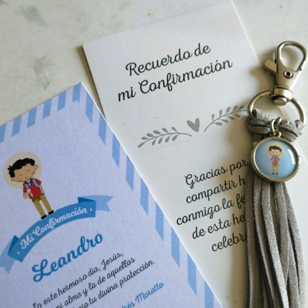 Producto - Set Souvenir Estampita y Pack Llavero Gamuza con Medallita - Confirmación