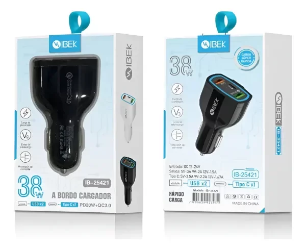 Producto - Cargador Carga Rapida Auto Usb + Tipo C 38w 3 Puertos Negro
