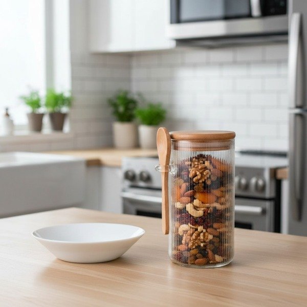 Producto - FRASCO ALTO REDONDO DE VIDRIO CON TAPA DE BAMBU Y CUCHARA15CM X 8CM 700ML