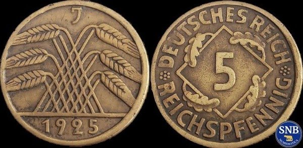 Producto - Alemania - República de Weimar - 5 Pfennig (1925 J) KM #39 [VF]