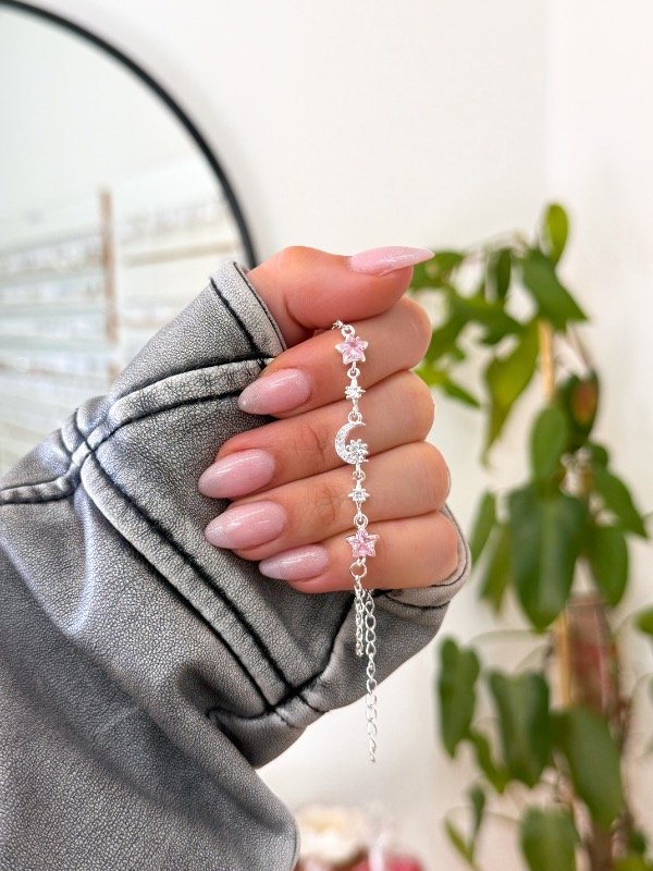 Producto - Pulsera acero blanco lunas y estrellas cúbics rosas