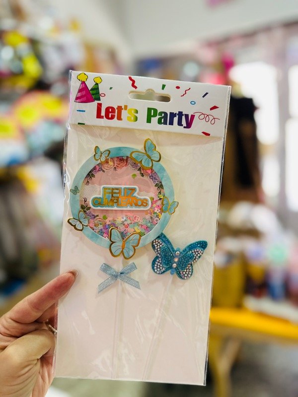 Producto - Topper Feliz cumpleaños con mariposas y efecto shaker