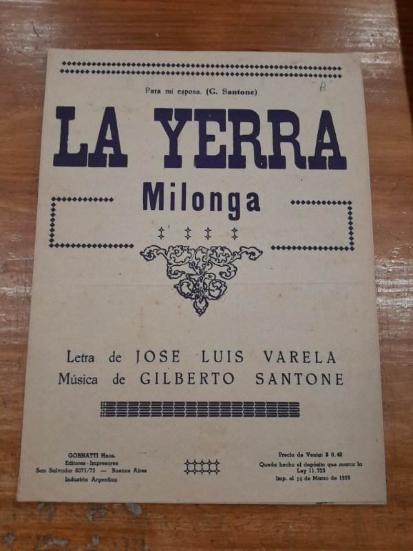 Producto - La Yerra Milonga Partitura - Varela Santone