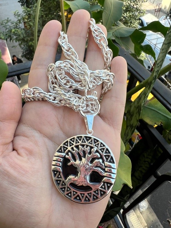 Producto - Medallón árbol de la vida con cadena larga turbillon  acero blanco