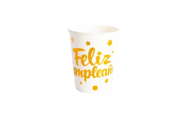 Producto - Vaso metalizado impreso FELIZ CUMPLE x10un color blanco letra dorada