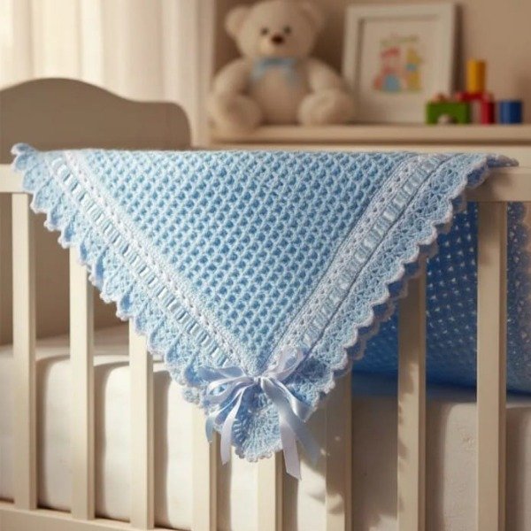 Producto - Mantilla waffle celeste tejida cashmilon hipoalergénico